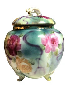 Antique Nippon Footed Cracker Biscuit Jar Hand Painted Roses & Purple Robbons - Picture 1 of 5