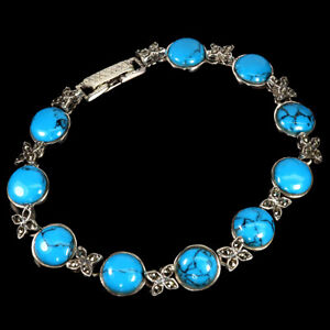 Stabilized Round Blue Turquoise 8mm Marcasite 925 Sterling Silver Bracelet 7.5