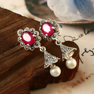 Beautiful Oval Shape Ruby and pearl dangle drop earrings in 925 Sterling Silver - Picture 1 of 3