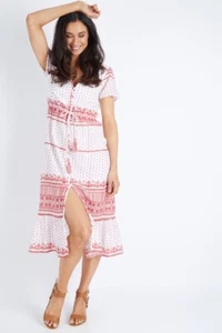 Solito Size L Large Positano Midi Dress White Red Short Sleeve Drawstring - Picture 1 of 19