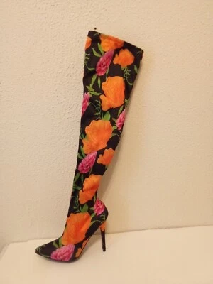 Anne Michelle Women's Satin Fabric Floral Print Over Knee 4 1/2" Heel Boots Sz 8 - Image 1 of 4