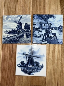Delft Trivets Handpainted Windmill Riverside Working Man Shoes Tile Lot of 3 VTG - Picture 1 of 5