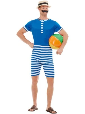 Smiffys 20s Bathing Suit Costume, Blue & White with Short Jumpsuit, Hat & Mousta - Image 1 of 3