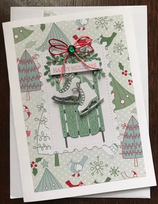 Handmade Greeting Card - Christmas Card, Happy Holiday, Sled & Skates - Image 1 of 2