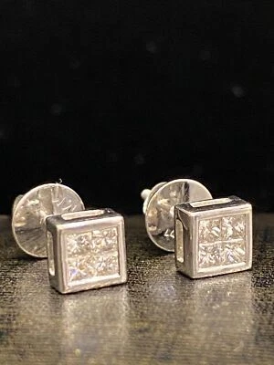 Pave 0.62 Cts Princess Cut Natural Diamonds Stud Earrings In 585 Solid 14K Gold - Image 1 of 4
