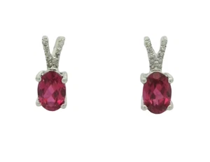 Ruby & Cubic Zirconia Earrings In 10k White Gold - Picture 1 of 6