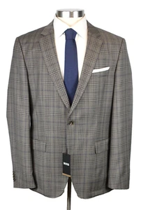 Boss Sport Coat 48 L Men's Light Brown Plaid Slim Fit Virgin Wool Hutson-222 NWT - Picture 1 of 12