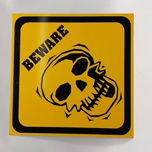 Metal Halloween Beware Skull Yellow Warning Sign - Picture 1 of 2