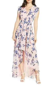 NWT Eliza J High Low Floral Maxi Dress 18 Belted Pink Colorful Flowy Feminine - Picture 1 of 18