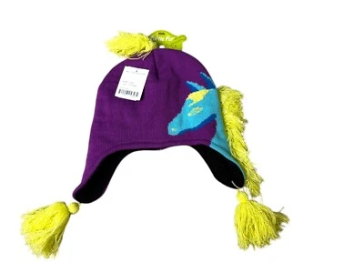 Gorro de invierno de piel de tortuga para niños "Pony Power" borlas amarillas moradas y pompón Foto 1 de 4