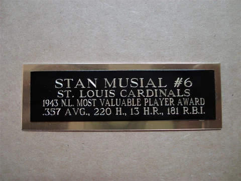 Stan Musial Cardinals 1943 NL MVP Award Baseball Card Plaque Nameplate 1" X 3" Cover