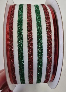 Members Mark Wired Edge Ribbon Remnant 2.5" Approx 30' Striped Red Green Glitter - Picture 1 of 6
