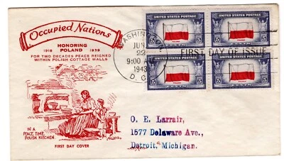 #909 Poland 1943 FDC Overrun Nations Series - 1st PentArts - Image 1 of 2