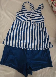 Zweiteiliger blau & weiß gestreifter Damen Badeanzug - Größe Large - Bild 1 von 4