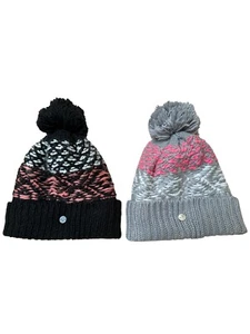 2 Colorful Bula Charm Fleece-Lined Beanie Winter Girl’s Hats with Poms EUC - Picture 1 of 5