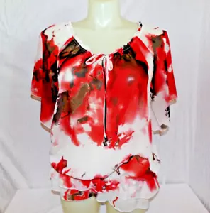AB STUDIO Women's Red Print Banded Waist short SLeeve Blouse Size XL - Picture 1 of 4