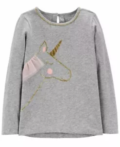 CARTER'S Kids Girls Glitter Unicorn Gray Lace Jersey Tee Long Sleeve 10/12 NEW - Picture 1 of 7