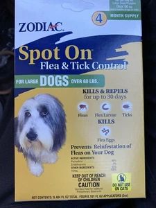 Zodiac Flea & Tick Spot On for Large Dogs Over 60 lbs - 4 Pack - 4 Month Supply - Picture 1 of 2