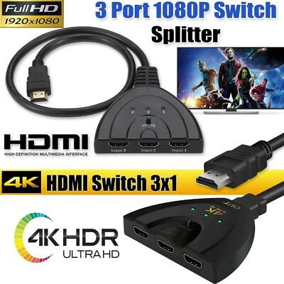 3 Port HDMI Splitter Cable 1080/4K Switch Switcher HUB Adapter for HDTV PS4 Xbox - Image 1 of 4