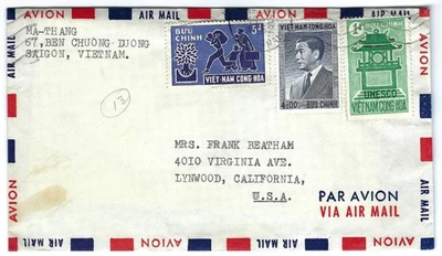 Vietnam marzo 1960 Saigón a San Francisco CA cubierta de correo aéreo con carta de 2p Foto 1 de 4