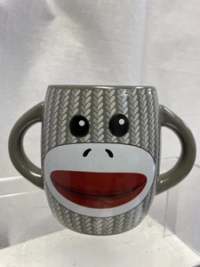 Sock Monkey Smiling Ceramic Coffee Cup Mug 16 oz Gray Double Handle - Great - Picture 1 of 5