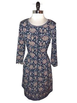 MAX STUDIO Size L  A-Line Dress Blue Pink Floral 3/4 Sleeve Stretch Knit - Image 1 of 4