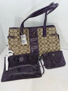 Borsa Coach Signature Monogram Viola Pitone Striscia Doppio Manico - Foto 1 di 14