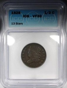 1828 13 Stars Classic Head Half Cent ICG VF30 Circulated Type Coin - Picture 1 of 4