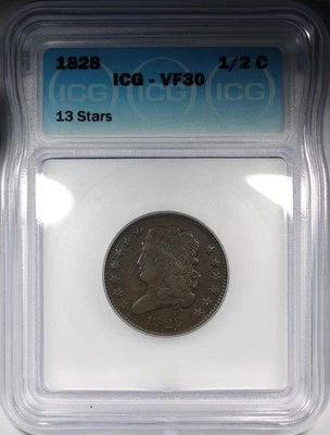 1828 13 Stars Classic Head Half Cent ICG VF30 Circulated Type Coin - Image 1 of 4