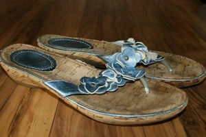 Pixel Womans 9M Leather cork sandals flip flops blue metalic flower straps 13531 - Picture 1 of 8
