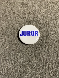 Vintage 1,5" rund weiß & blau JUROR Button Anstecker Pin Jury Pflicht Pinback 1980er - Bild 1 von 5