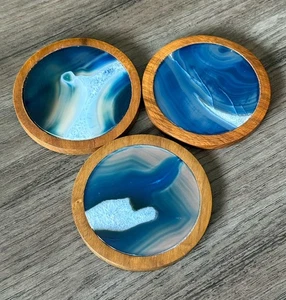 Vintage MCM Blau Achat Geode Untersetzer mit Holzrand 3er Set Beschreibung lesen - Bild 1 von 13