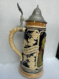 Vintage German Beer Stein Mug Pewter Lid 3D Embossed Collectible - Picture 1 of 6