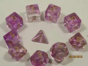 NEW RPG Dice 10pc - Mysty Clear Violet w/gold- 1@D4 D8 D10 D12 D20 D00-10 &4D6 - Picture 1 of 8