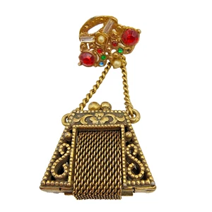 Broche broche vintage monedero caja de pastillas tono dorado Chatelaine diamantes de imitación multicolor - Imagen 1 de 20