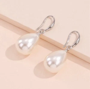 Silver Pearl Teardrop Drop Dangle Earrings - Picture 1 of 4