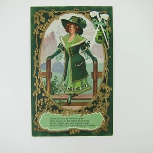 St. Patricks Day Postcard Irish Woman Green Hat Dress Shamrocks Embossed Antique - Picture 1 of 15