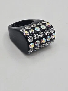 Vintage Retro Black Lucite Plastic Clear & AB Crystals Chunky Ring Size 7 - Picture 1 of 12