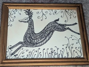 Vintage Framed Calligraphy Deer Folk Art Drawing Running Buck - Picture 1 of 9
