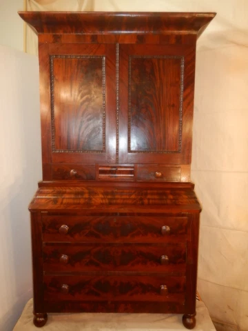 Antique American Empire Secretary Desk 9 Drawers fitted interior flame mahogany Cover