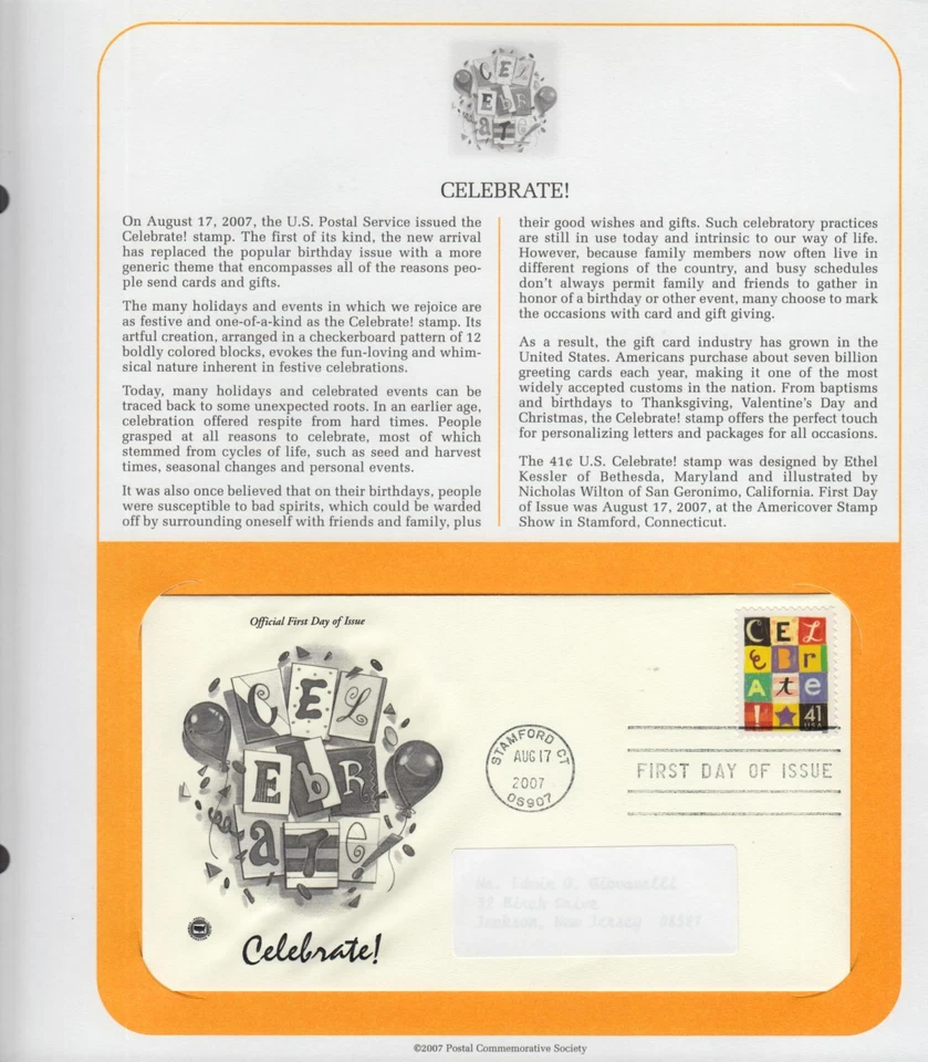 2007 Celebrate! birthday event Sc 4196 first day cover, PCS info page cachet FDC - Image 1 of 1