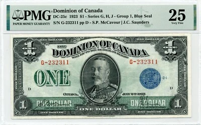 1923 $1 Dominion of Canada, Group 1, Blue Seal DC-25c, Very Fine, PMG VF25 - Image 1 of 2