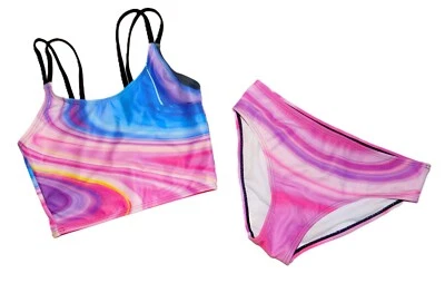 NUEVO CON ETIQUETAS TRAJE DE BAÑO TANKINI PSICODÉLICO PÚRPURA Y NEGRO NIÑA talla 7-8 Foto 1 de 4