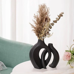 Black Vases Home Decor Set of 2, Ceramic Black Small Flower Vase, Minimalist ... - Picture 1 of 8