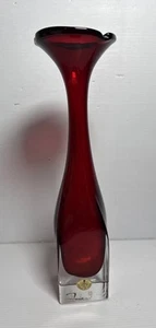 Vintage Aseda Glasbruk Style Art Glass Cut Block Vase 12" Red Clear Stretch - Picture 1 of 15