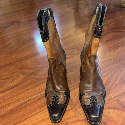 STUART WEITZMAN Leather Studded Cowgirl Boots Brown Mid-Calf Heeled Women's 8.5 - Image 1 of 4