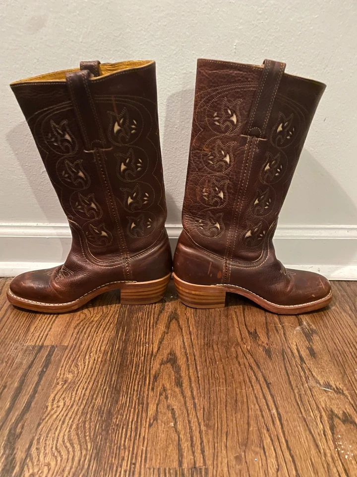 Botas vaqueras vintage/para mujer Frye Austin con recorte floral talla 6 marrón Foto 1 de 4