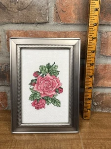 Cross Stitch Decoration Framed Pink Rose Handmade Needlepoint Flower Garden - Picture 1 of 4