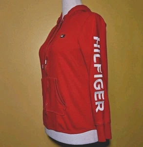 TOMMY HILFIGER Full Zip Up Red Hooded Sweatshirt Hoodie Womens Large Logo YK2 US - Picture 1 of 8