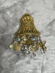 Vintage Kirks Folly goldfarbene Glocke Hänger Brosche Anstecknadel Cherub Engel Weihnachten - Bild 1 von 7